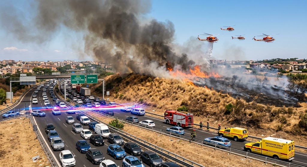 Roma, Maxi Incendio di Sterpaglie Vicino al GRA